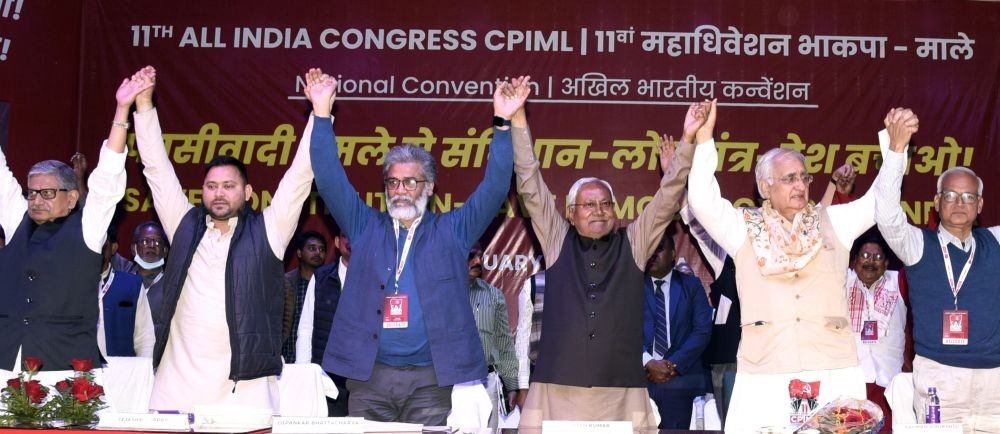 Patna: Communist Party of India (Marxist-Leninist) Liberation General Secretary Dipankar Bhattacharya with Bihar Chief Minister Nitish Kumar, Bihar Deputy Chief Minister Tejashwi Yadav, Congress leader Salman Khurshid and JDU President Lalan Singh during the 'Save Constitution, Save Democracy, Save India' convention organised as part of the 11th CPIML Party Congress, in Patna on Saturday, Feb 18, 2023. (Photo:IANS)